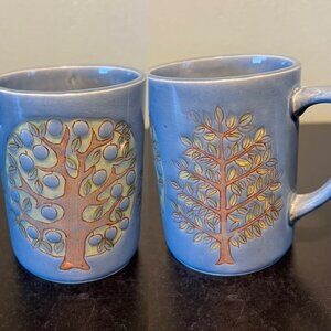 Handcrafted Pottery Otagiri Style Grayish Blue Glazed Cup / Mug w/ Trio of Trees